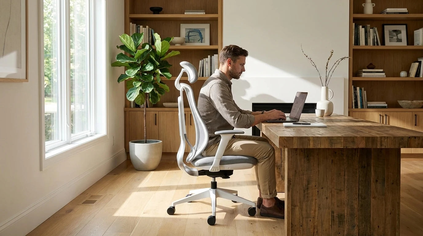 Vyras ramiai dirba prie kompiuterio sėdėdamas ant ergonominės OmniSit Pro kėdės šviesiame namų biure