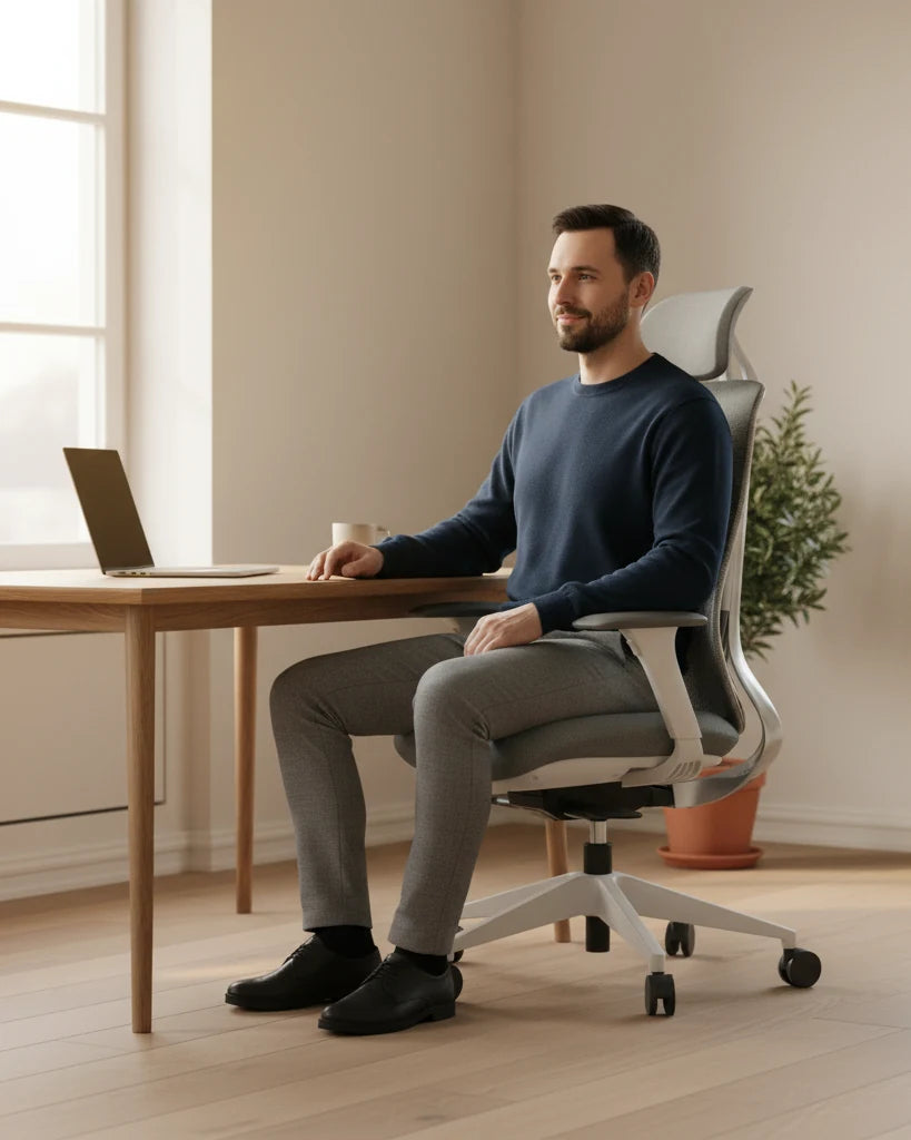 Vyras ramiai dirba Ergonix OmniSit Pro ergonominėje kėdėje