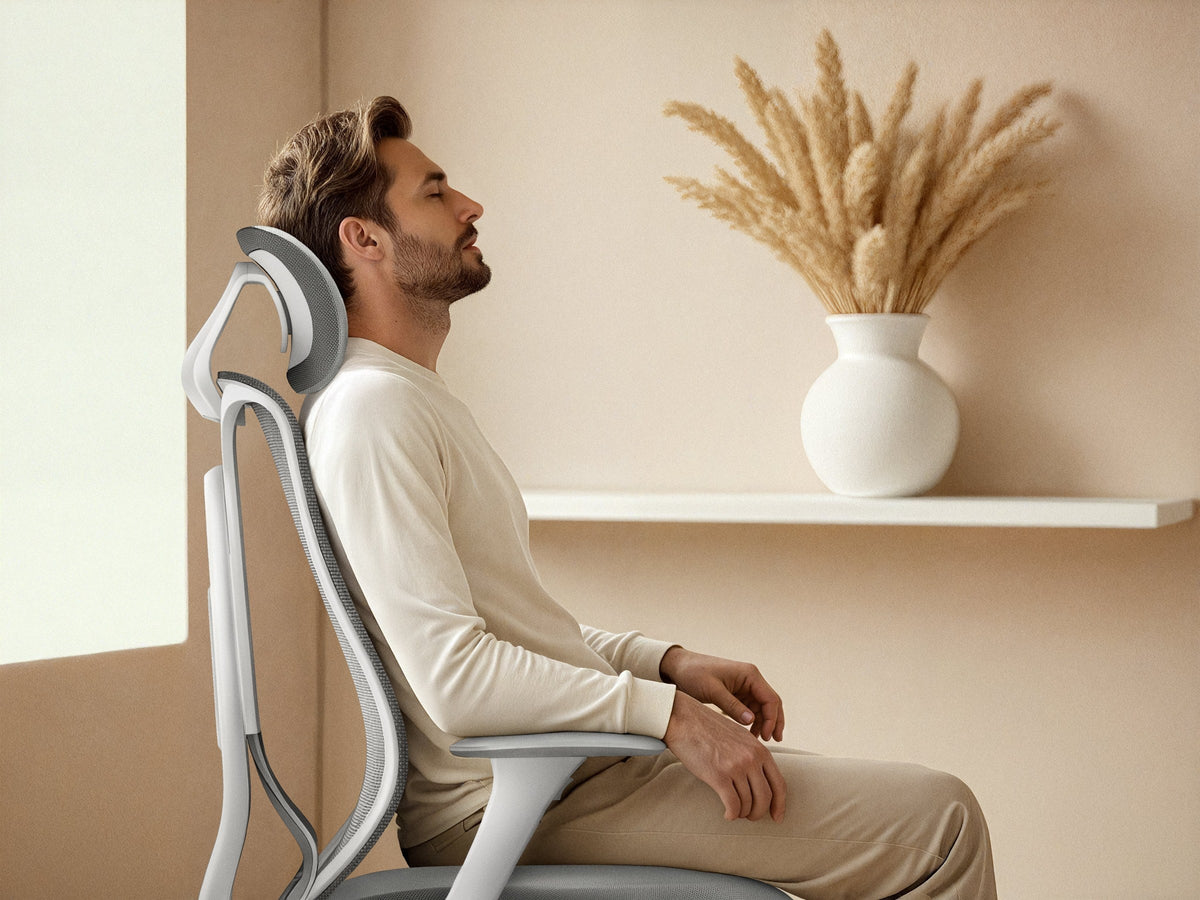 Vyras sėdi pilkoje Ergonix OmniSit Pro kėdėje, atrėmęs galvą į galvos atramą