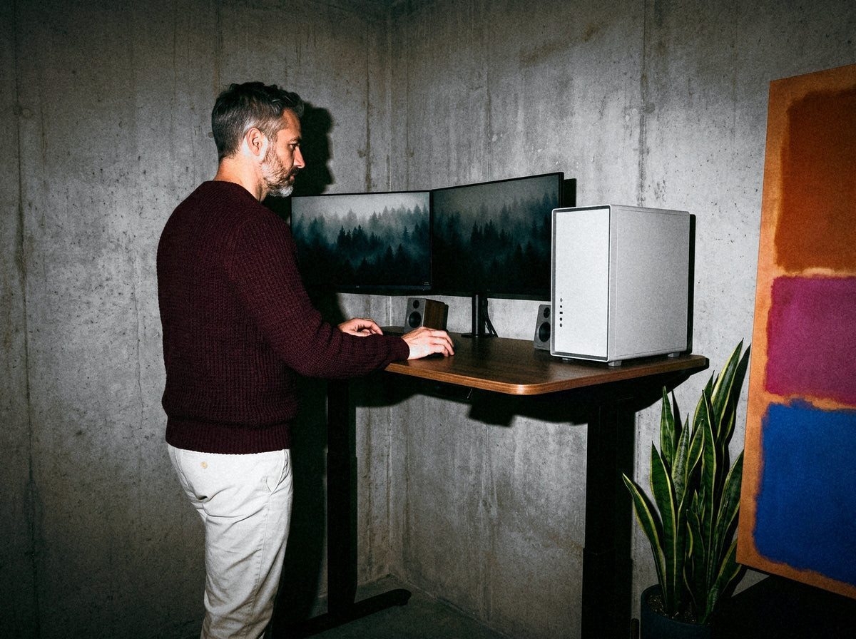 Vyras dirba stovėdamas prie pakelto Ergonix reguliuojamo aukščio stalo su dviem monitoriais ir kompiuteriu