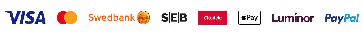 Payment methods: Visa, Mastercard, Swedbank, SEB, Citadele, Apple Pay, Luminor, PayPal