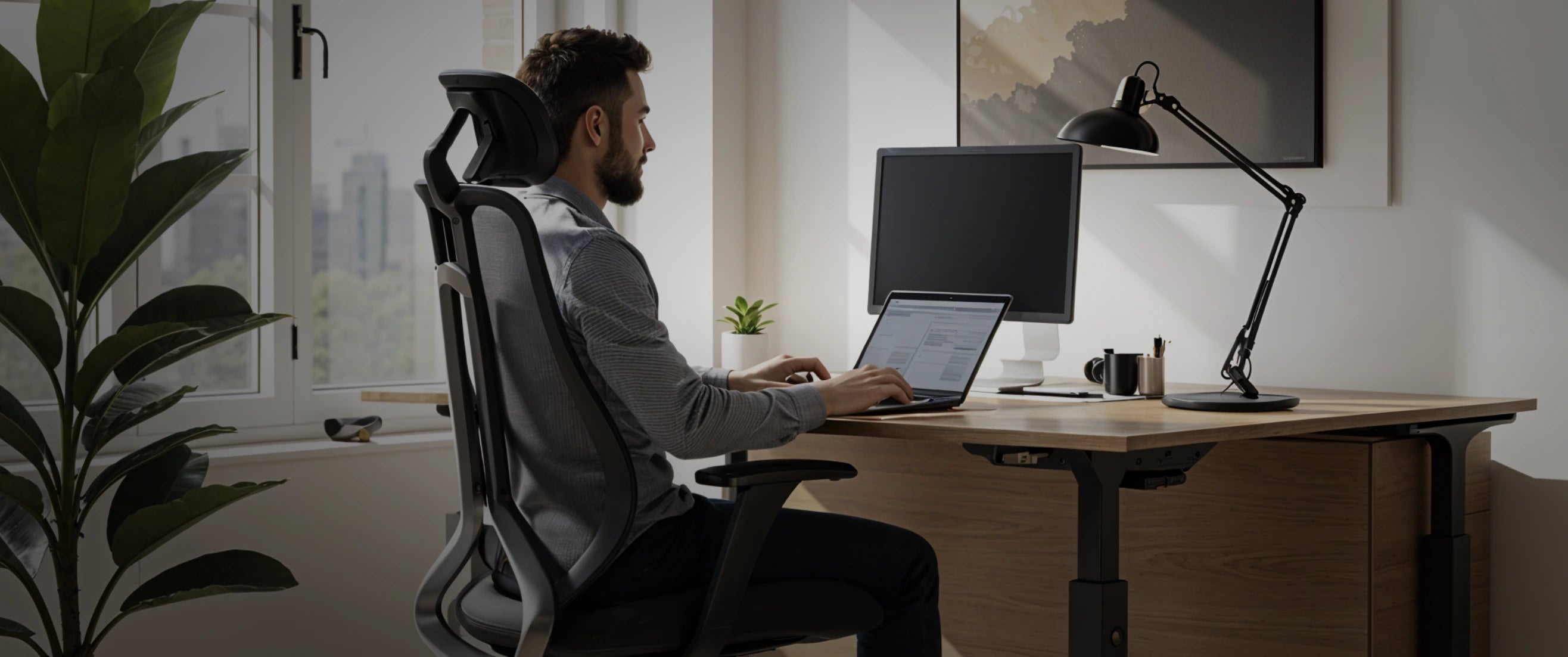 Darbo vieta su OmniSit Pro kėde ir dviem monitoriais