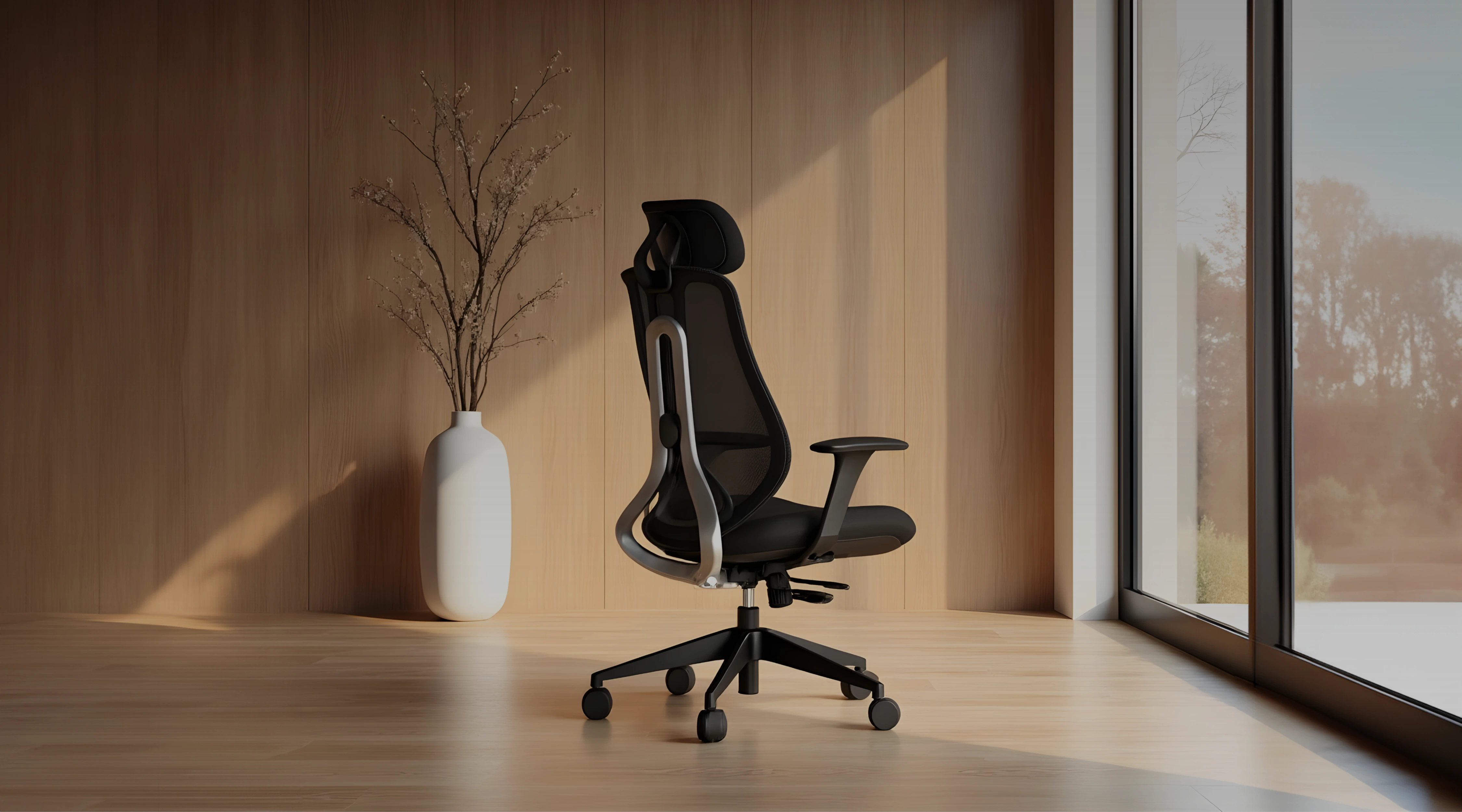 Ergonominė darbo vieta šiltame minimalistiniame kambaryje
