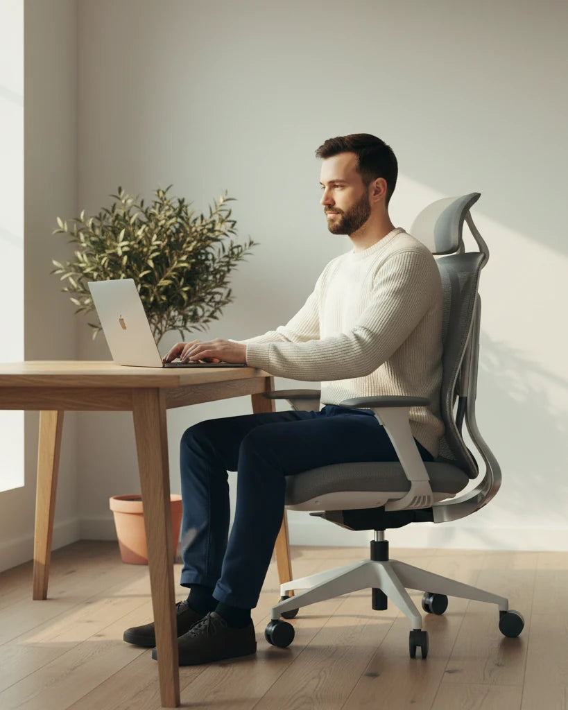 Vyras dirba prie stalo sėdėdamas Ergonix OmniSit Pro ergonominėje kėdėje